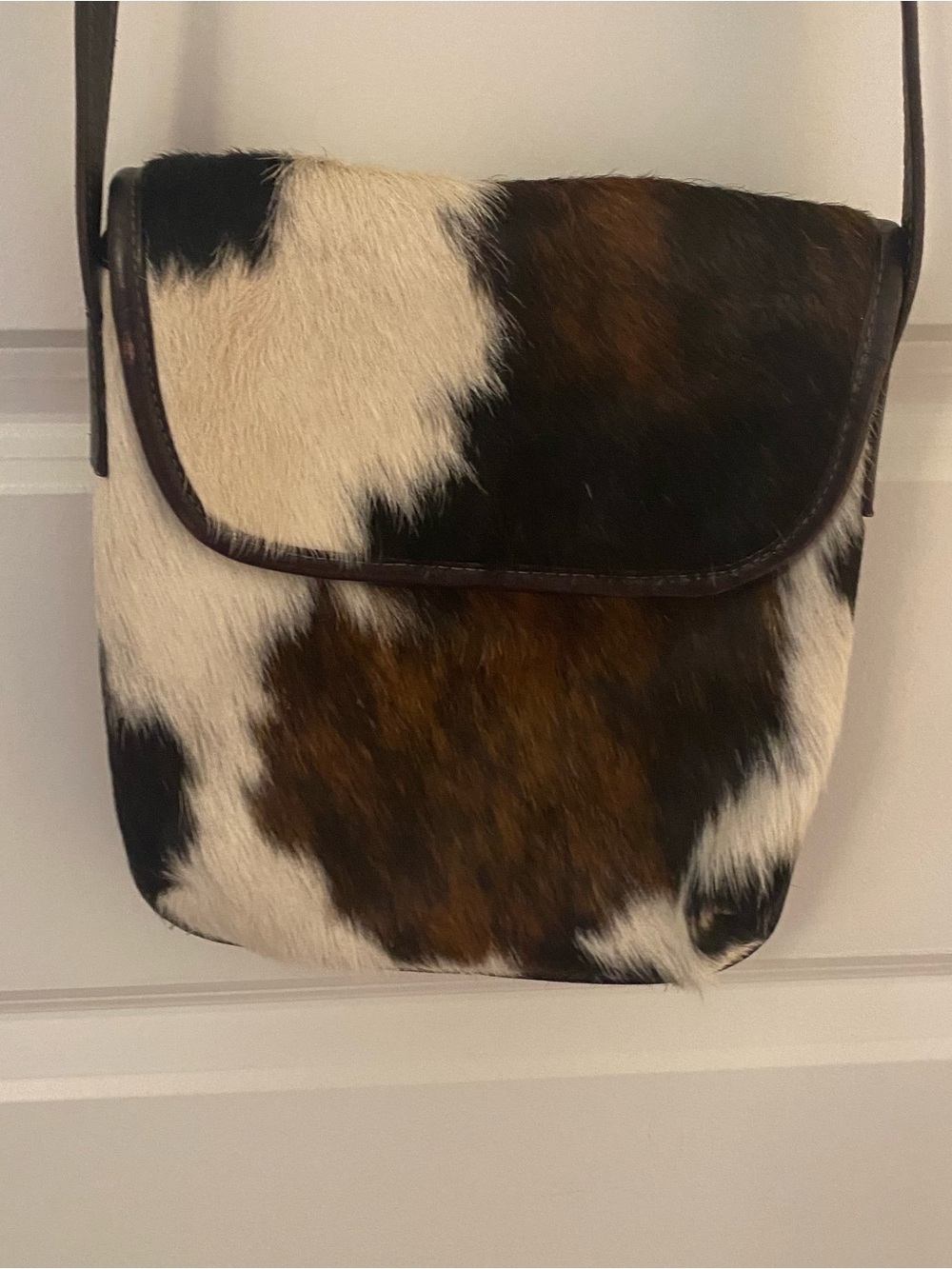 Cowhide Longhair Crossbody Bag in White, Brown, Black - Picture 1 of 5
